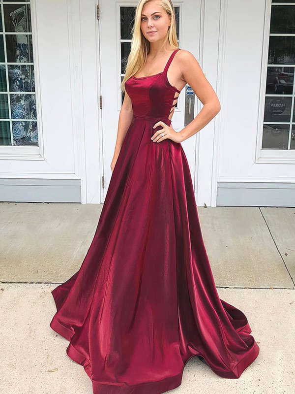 Princess Scoop Neck Satin Sweep Train Prom Dresses - millybridal.org