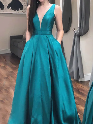 Ball Gown V-neck Satin Cut Out Prom Dresses With Bow #Milly020106405