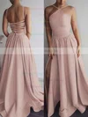A-line Halter Silk-like Satin Sweep Train Prom Dresses #Milly020106379
