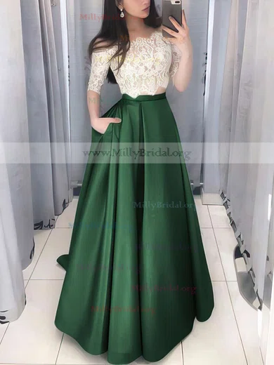 Emerald Green Lace Top Off Shoulders Satin Ball Gown Prom Dress