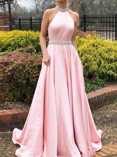 Princess Halter Satin Sweep Train Beading Prom Dresses #Milly020106383