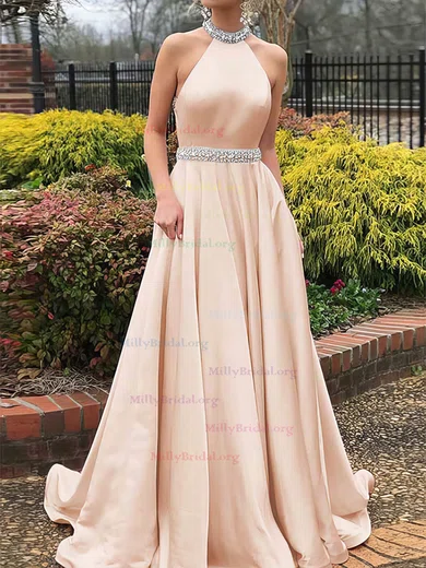 Princess Halter Satin Sweep Train Beading Prom Dresses millybridal