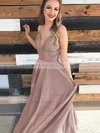 A-line V-neck Satin Floor-length Prom Dresses #Milly020106385