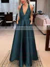 A-line V-neck Satin Floor-length Bow Prom Dresses #Milly020106389