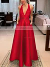 A-line V-neck Satin Floor-length Bow Prom Dresses #Milly020106389