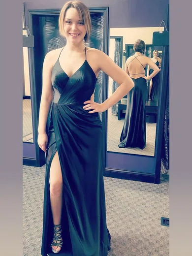 Sheath/Column V-neck Silk-like Satin Floor-length Split Front Prom Dresses #Milly020106391