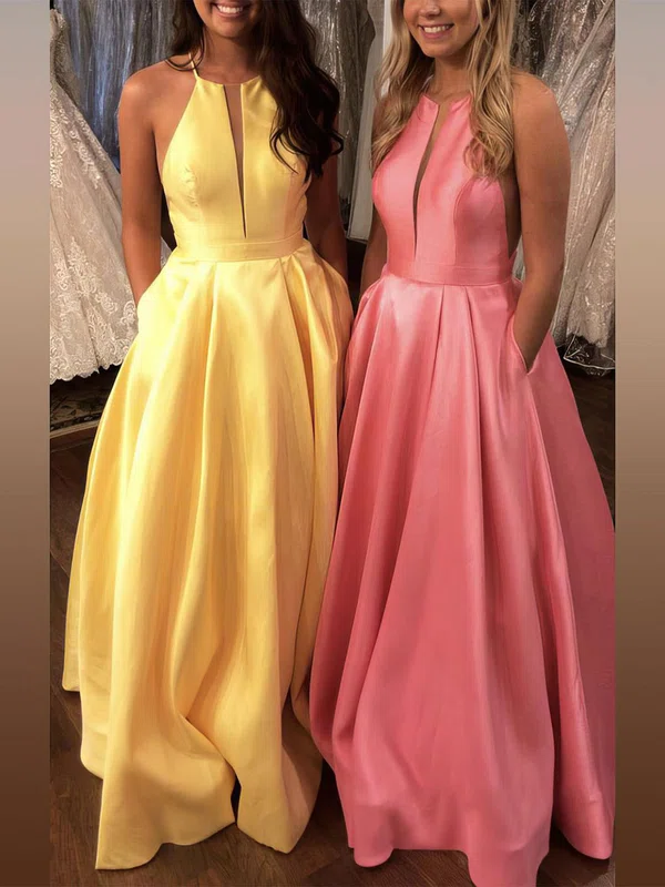Princess Scoop Neck Satin Floor-length Pockets Prom Dresses Sale #sale020106399