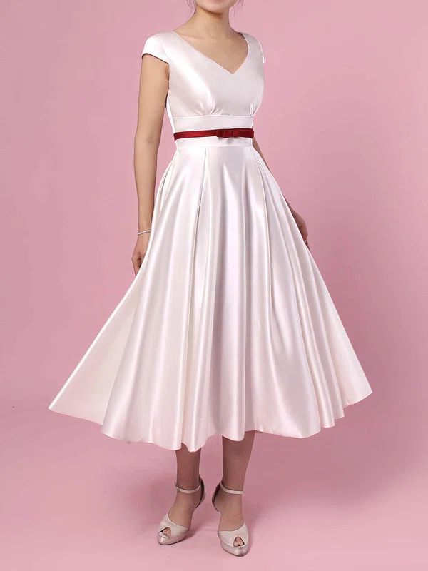 A-line V-neck Satin Tea-length Wedding Dresses With Sashes / Ribbons #Milly00023271