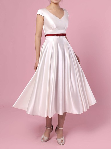 A-line V-neck Satin Tea-length Wedding Dresses With Sashes / Ribbons #Milly00023271