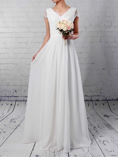 A-line V-neck Lace Chiffon Floor-length Wedding Dresses With Ruffles #Milly00023283