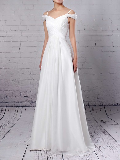 A-line V-neck Chiffon Sweep Train Wedding Dresses With Ruffles #Milly00023198
