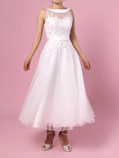 Ball Gown/Princess Illusion Tulle Tea-length Wedding Dresses With Beading #Milly00023272