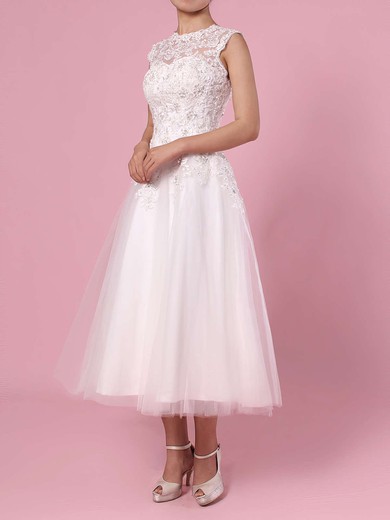 Ball Gown Illusion Tulle Tea-length Wedding Dresses With Appliques Lace #Milly00023274