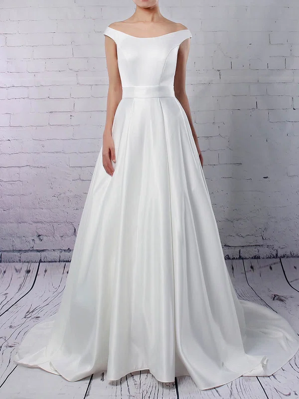 Ball Gown Off-the-shoulder Satin Sweep Train Wedding Dresses With Pockets #Milly00023169