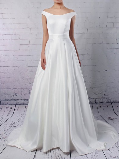 Ball Gown Off-the-shoulder Satin Sweep Train Sashes / Ribbons Wedding Dresses #Milly00023169