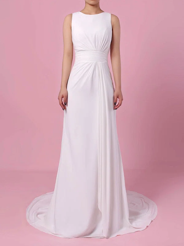 A-line Scoop Neck Chiffon Sweep Train Wedding Dresses With Appliques Lace #Milly00023257