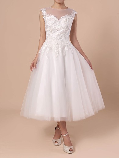 Ball Gown Illusion Tulle Tea-length Wedding Dresses With Beading #Milly00023268