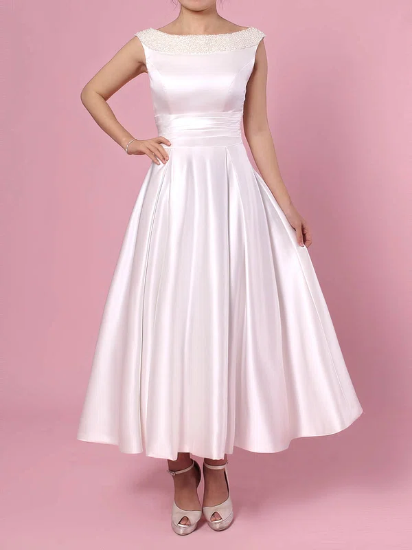 Princess Scoop Neck Satin Tea-length Bow Wedding Dresses #Milly00023269