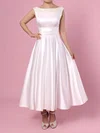 A-line Scoop Neck Satin Tea-length Wedding Dresses With Bow #Milly00023269