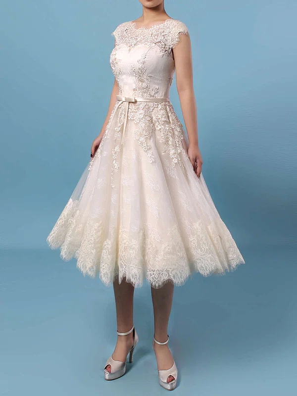 A-line Scoop Neck Lace Tulle Knee-length Appliques Lace Wedding Dresses #Milly00023302