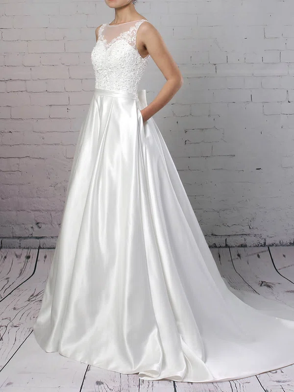 Ball Gown Illusion Satin Sweep Train Wedding Dresses With Pockets #Milly00023170