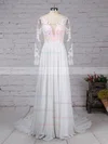 A-line Scoop Neck Chiffon Tulle Sweep Train Appliques Lace Wedding Dresses #Milly00023209