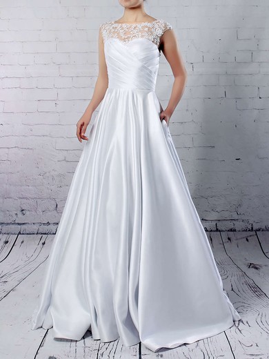 Ball Gown Scoop Neck Satin Tulle Floor-length Appliques Lace Wedding Dresses #Milly00023313