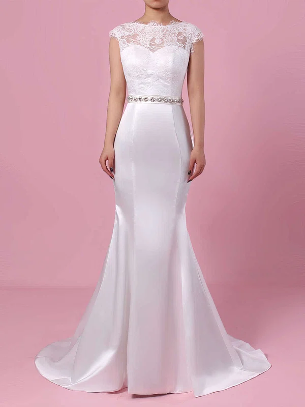 Trumpet/Mermaid Illusion Lace Satin Sweep Train Wedding Dresses With Beading #Milly00023227