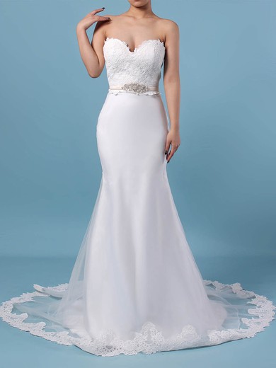 Trumpet/Mermaid Sweetheart Tulle Sweep Train Wedding Dresses With Appliques Lace #Milly00023228