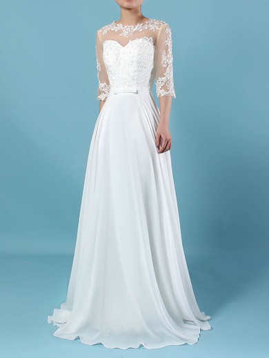 A-line Illusion Chiffon Floor-length Wedding Dresses With Appliques Lace #Milly00023279