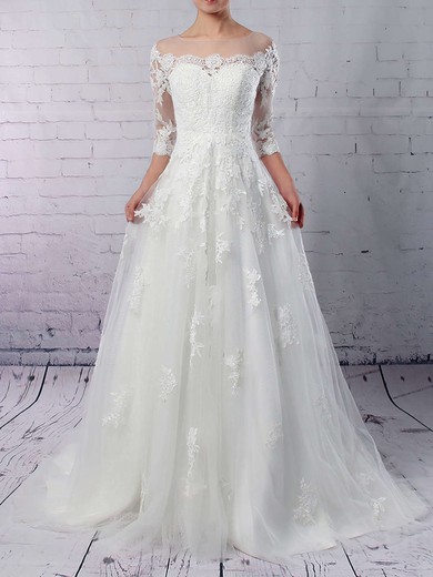 Ball Gown Illusion Tulle Sweep Train Wedding Dresses With Appliques Lace #Milly00023162