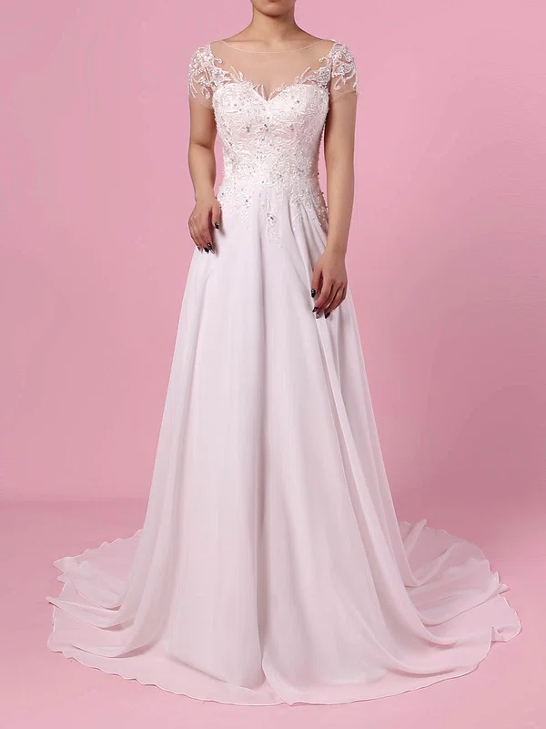 A-line Scoop Neck Chiffon Tulle Sweep Train Beading Wedding Dresses #Milly00023165