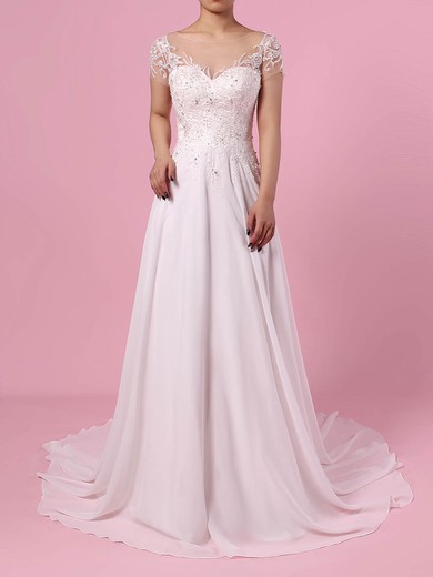 A-line Illusion Chiffon Sweep Train Wedding Dresses With Beading #Milly00023165