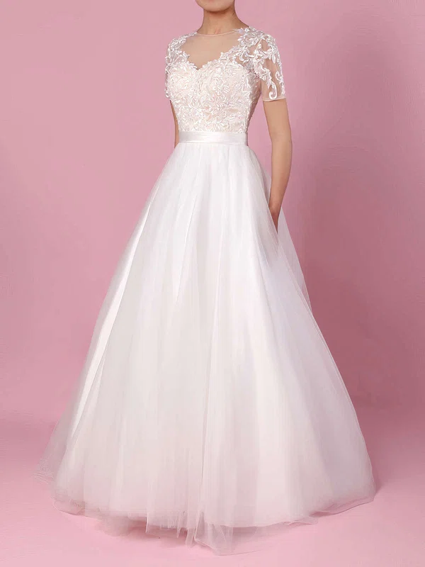 Ball Gown Illusion Tulle Sweep Train Wedding Dresses With Appliques Lace #Milly00023225
