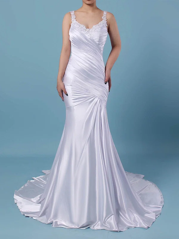 Trumpet/Mermaid V-neck Silk-like Satin Sweep Train Wedding Dresses With Beading #Milly00023242