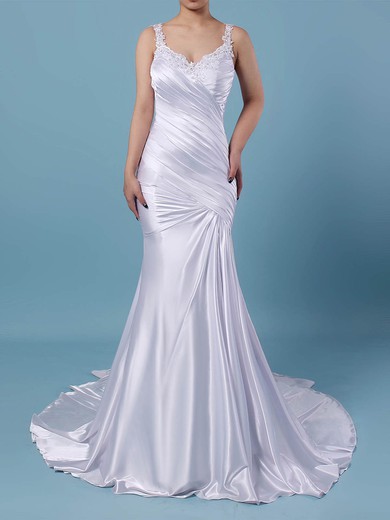 Trumpet/Mermaid V-neck Tulle Silk-like Satin Sweep Train Beading Wedding Dresses #Milly00023242