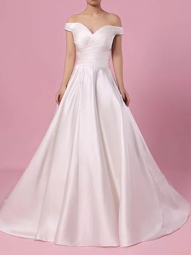 Ball Gown Off-the-shoulder Satin Sweep Train Wedding Dresses With Pockets