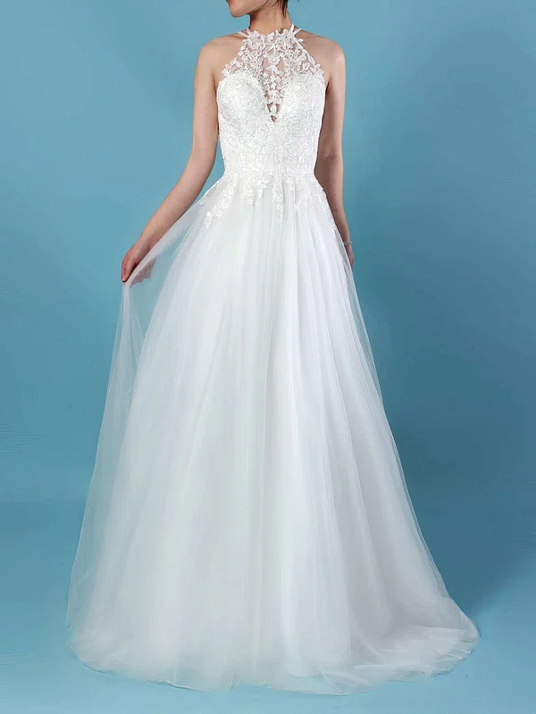 Ball Gown Illusion Tulle Sweep Train Wedding Dresses With Appliques Lace #Milly00023266