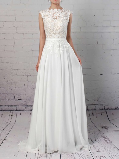 A-line Illusion Lace Chiffon Sweep Train Wedding Dresses With Sequins #Milly00023294