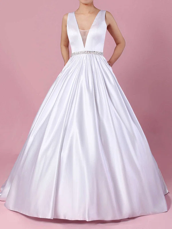 Ball Gown V-neck Satin Court Train Wedding Dresses With Pockets #Milly00023311
