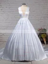 Ball Gown V-neck Satin Court Train Beading Wedding Dresses #Milly00023311