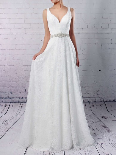 A-line V-neck Lace Sweep Train Wedding Dresses With Sashes / Ribbons #Milly00023210
