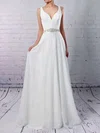 A-line V-neck Lace Tulle Sweep Train Sashes / Ribbons Wedding Dresses #Milly00023210