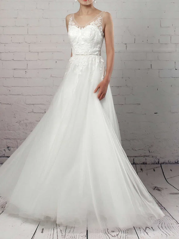 Ball Gown V-neck Tulle Sweep Train Wedding Dresses With Appliques Lace #Milly00023215