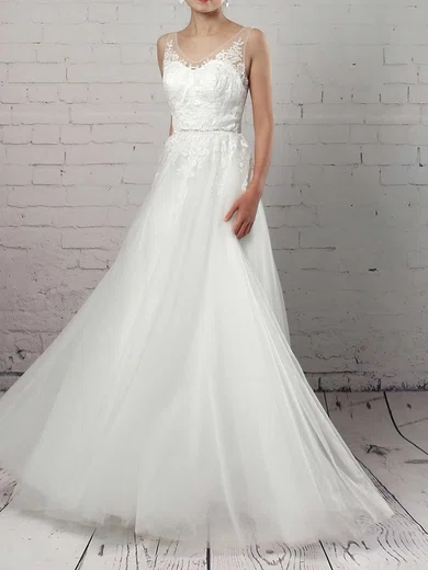 Ball Gown/Princess V-neck Tulle Sweep Train Wedding Dresses With Appliques Lace #Milly00023215