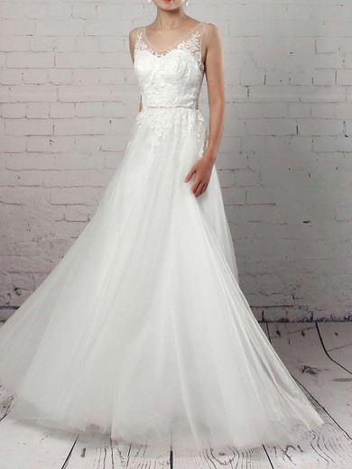 A-line V-neck Tulle Sweep Train Appliques Lace Wedding Dresses #Milly00023215