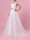 Ball Gown V-neck Tulle Sweep Train Wedding Dresses With Appliques Lace #Milly00023282