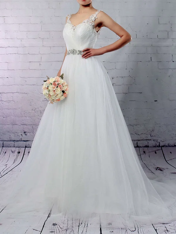 Princess V-neck Tulle Sweep Train Beading Wedding Dresses #Milly00023288