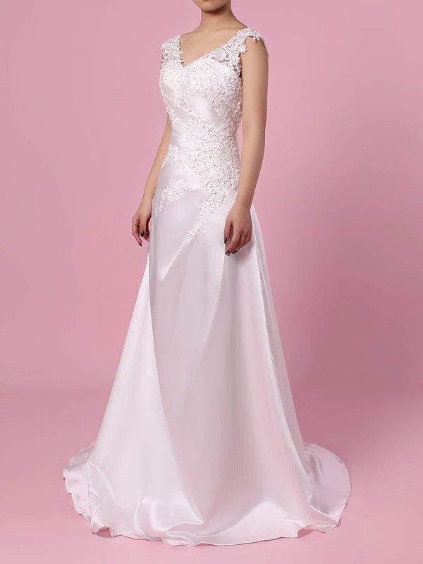 A-line V-neck Satin Sweep Train Wedding Dresses With Appliques Lace #Milly00023301