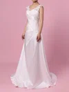 Princess V-neck Satin Tulle Sweep Train Appliques Lace Wedding Dresses #Milly00023301